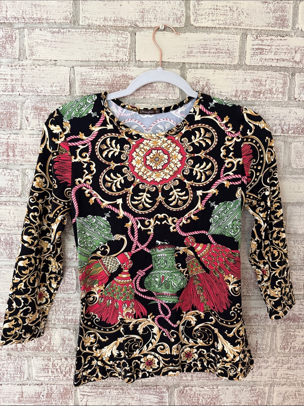 Black Baroque-Print Long Sleeve Top with Pink & Green Accents